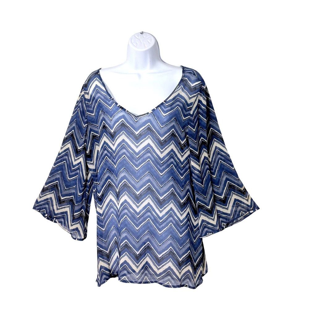 Lucky Silk Chevron Bell Sleeve Top M Blue White Nautical Coastal‎ Euro Summer